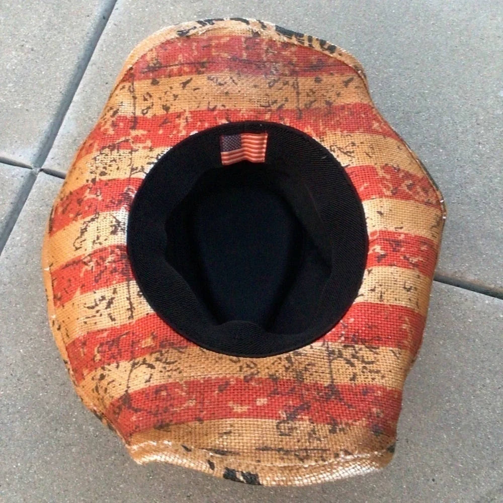 Vintage Tea Stain USA 4th Of July American Flag Shape It Brim Cowboy Western Hat